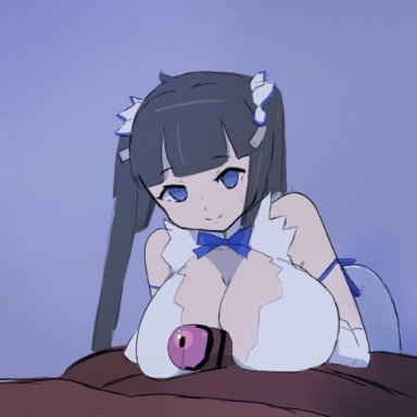 hestia (danmachi), taraba, 1boy, 1girls, big breasts, big penis, black hair, blue eyes, blush, breasts, clothed female nude male, dark-skinned male, dark skin, huge breasts, light-skinned female