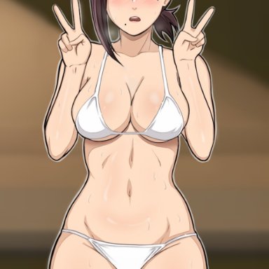 chainsaw man, higashiyama kobeni, lepypepy, 1girls, black eyes, black hair, blush, bottomwear, bra, breasts, cleavage, double peace sign, female, female only, hair