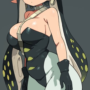 nintendo, splatoon, splatoon (series), splatoon 3, callie (splatoon), inkling, yuta agc, 1girls, alternate breast size, beauty mark, black hair, breasts, cleavage, ear piercing, facial markings