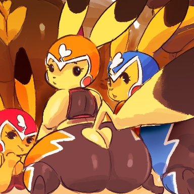 nintendo, pokemon, pikachu, pikachu libre, pok&#233;mon (species), kiseff, 3girls, anthro, anthrofied, ass, ass focus, bent over, big ass, bottom heavy, breasts