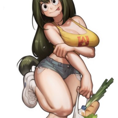 my hero academia, tsuyu asui, lentiyay, 1girls, ankle socks, anklehighs, big ass, big breasts, cute, female, large breasts, long hair, short shorts, shorts, socks