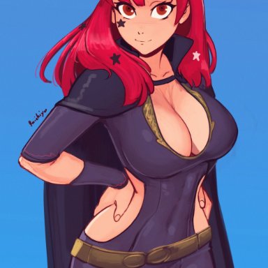 fire emblem, fire emblem engage, nintendo, yunaka (fire emblem), raichiyo33, 1girls, bangs, belt, black bodysuit, black cape, blue background, blush, bodysuit, boots, breasts