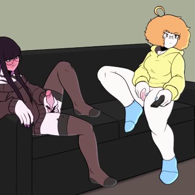 purringjello, 1futa, 1girls, big breasts, black hair, blush, bottomless, breasts, casual, casual masturbation, clothed, clothed female, clothed futanari, clothing, couch
