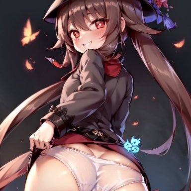 genshin impact, hu tao (genshin impact), ass, ass focus, blush, brown hair, butt crack, cameltoe, chinese clothes, come hither, female, from behind, grin, hat, hat ornament