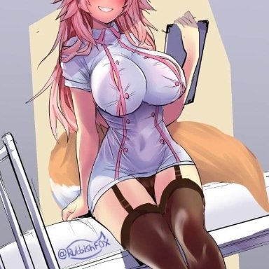 fate/grand order, fate (series), tamamo (fate), tamamo no mae (fate), tamamo no mae (fate/extra), wisespeak, 1girls, :d, bed, big breasts, big thighs, blush, breasts, busty, button gap