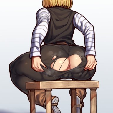 dragon ball, dragon ball z, android 18, coffeelove68, 1girls, anus, ass, back view, big ass, blonde hair, fully clothed, grabbing own ass, huge ass, leggings, pussy