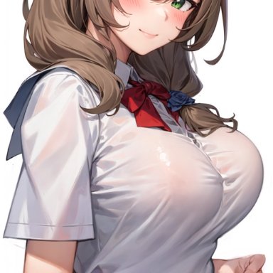 genshin impact, lisa (genshin impact), nai diffusion, stable diffusion, 1girls, belly, belly button, breasts, brown hair, green eyes, large breasts, mature female, milf, school uniform, schoolgirl