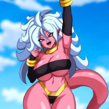 dragon ball, dragon ball fighterz, android 21, android 21 (good), majin android 21, darwaarts, arm up, ass visible through thighs, big breasts, big hips, bracelet, breasts, choker, gold jewelry, huge breasts