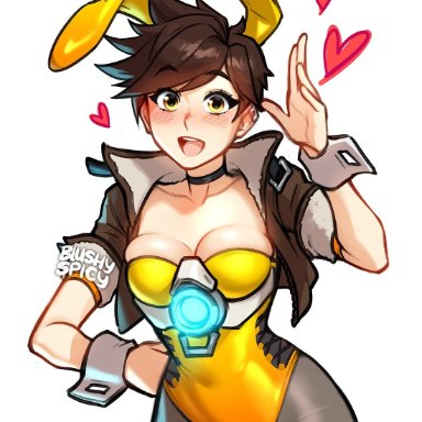 overwatch, tracer, blushypixy, blushyspicy, blue light, blush, blush lines, breasts, brown hair, bunny ears, bunny girl, bunnysuit, choker, cleavage, clothed