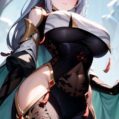 genshin impact, shenhe (genshin impact), nai diffusion, stable diffusion, 1girls, big breasts, blue eyes, bodysuit, breasts, busty, curvaceous, curvy, female, hair over one eye, hip vent