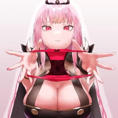 hololive, hololive english, mori calliope, losloslos (lx3), asking for sex, breast jiggle, clothed female, endearment, holding panties, large breasts, long hair, looking at viewer, panties, pink hair, simple background
