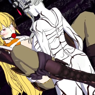 rooster teeth, rwby, salem (rwby), yang xiao long, sfmslayer, angry, ass, ball gag, black sclera, blonde hair, body markings, bondage, breasts, cum, cum in pussy