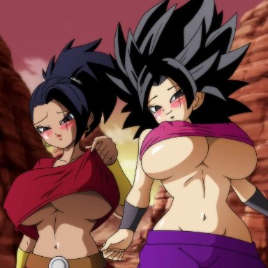 dragon ball, dragon ball super, dragon ball z, caulifla, kale, dragonball-in-color, kuuga 318, 2girls, barely contained, big breasts, black eyes, black hair, blush, breasts, bursting breasts