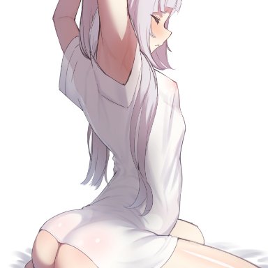 hololive, murasaki shion, ajishio (loli king), aged up, arms up, ass, barefoot, bottomless, breasts, closed mouth, covered nipples, feet, female, from side, grey hair