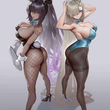 blue archive, asuna (blue archive), karin (blue archive), sayanestia, 2girls, ass, black hair, blonde hair, blue eyes, breasts, bunny ears, bunny girl, bunnysuit, chocolate and vanilla, dark-skinned female