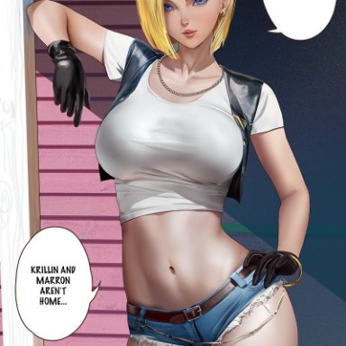 dragon ball, dragon ball z, android 18, zumi, 1girls, blonde hair, blue eyes, booty shorts, breasts, crop top, female, hand on hip, implied cheating, jean shorts, large breasts