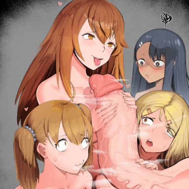 please don't bully me, nagatoro, gamo-chan, hayase nagatoro, naoto hachioji (senpai), sakura (nagatoro), yoshi (nagatoro), adore for, adore nice, 1boy, 4girls, big balls, big penis, hearts around head, huge cock, jealous