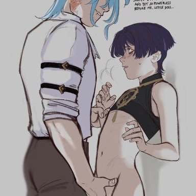 genshin impact, dottore (genshin impact), scaramouche (genshin impact), blue hair, cuntboy, degradation, femboy, fingering, gay, male/male, purple hair, color