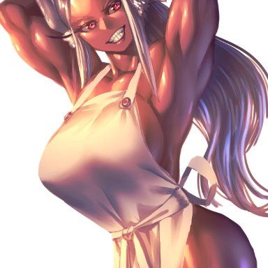 my hero academia, miruko, rumi usagiyama, phoebus art, 1girls, animal ears, apron, armpits, arms behind head, arms up, ass, big ass, big breasts, breasts, bunny ears