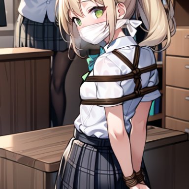 original character, arms behind back, blonde hair, blush, bondage, bullying, chest harness, classroom, female only, flat chest, gag, gagged, green eyes, hair ribbon, hazing