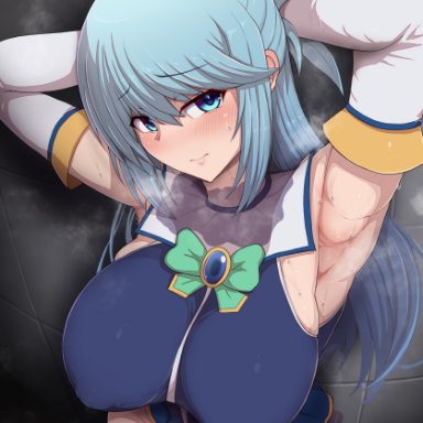 aqua (konosuba), ponpo, ponponmaru, ponpuramu, armpits, arms up, blue eyes, blue hair, blush, cleavage, female only, footwear, huge breasts, long hair, long sleeves