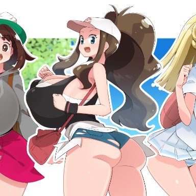 nintendo, pokemon, pokemon (game), pokemon bw, pokemon sm, pokemon ss, gloria (pokemon), hilda (pokemon), lillie (pokemon), toudori, 3girls, adult, aged up, ass, bimbo