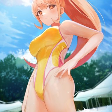 danganronpa, danganronpa 2: goodbye despair, super danganronpa 2, saionji hiyoko, zetto (zet), 1girls, beach background, blonde hair, breasts, brown eyes, clouds, cloudscape, cloudy sky, competition swimsuit, eyebrows