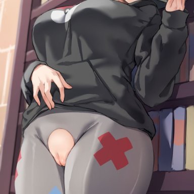pokemon, pokemon sv, penny (pokemon), jtveemo, big breasts, blue eyes, blue hair, blush lines, blushing at viewer, books, fingers, hoodie, library, pussy, red hair