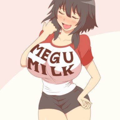 megumin, numen, alternate breast size, alternate height, bangs, big boobs, big breast, big breasts, black shorts, blush, blushing, brown hair, closed eyes, clothes writing, collar