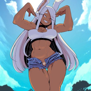 my hero academia, miruko, rumi usagiyama, nudiedoodles, 1girls, abs, animal ears, arms up, bare shoulders, big breasts, breasts, bunny ears, cleavage, clenched teeth, clothing