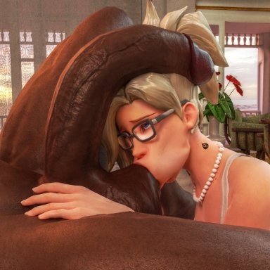 overwatch, mercy, blenderdemon, 1boy, 1girls, ball sucking, big penis, blonde hair, blue eyes, dark-skinned male, dark skin, fellatio, female, glasses, huge cock