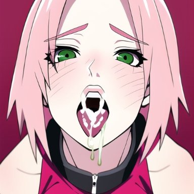 naruto, naruto (series), naruto shippuden, sakura haruno, nai diffusion, stable diffusion, 1girls, ahe gao, blush, cum, cum in mouth, cum on body, cum on breasts, cum on face, female