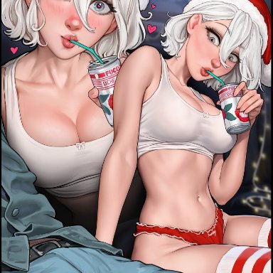 christmas, nier, nier: automata, square enix, yorha 2b, aroma sensei, 1boy, 1girls, android, asian, blue eyes, bob cut, breasts, christmas hat, cleavage