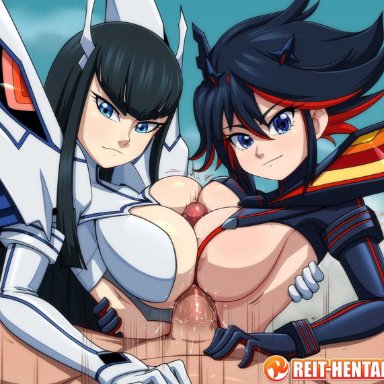 kill la kill, kiryuuin satsuki, matoi ryuuko, reit, 1boy, 2girls, big breasts, blue eyes, double paizuri, faceless male, incest, long hair, looking at viewer, paizuri, short hair