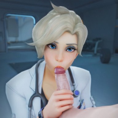 overwatch, dr. ziegler, mercy, rwt4184, blonde hair, blowjob, blue eyes, blush, cum, doctor, looking at viewer, pov, lowres