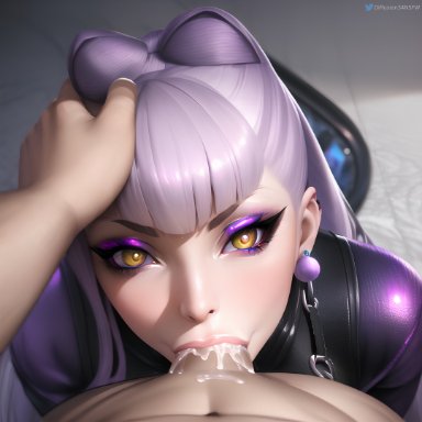 k/da all out series, league of legends, evelynn, k/da all out evelynn, stable diffusion, 1boy, 1girls, :&gt;=, blowjob, blowjob face, clothed, clothed sex, cum, cum in mouth, cum on penis