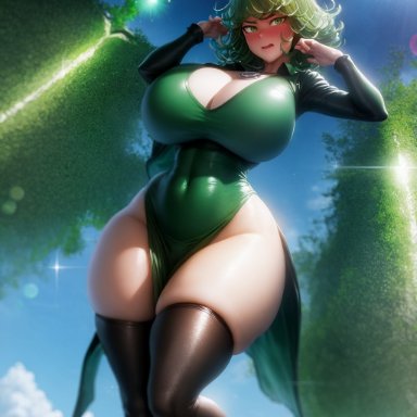 one-punch man, tatsumaki, black footwear, black thighhighs, blue sky, covered navel, curly hair, esper, fubuki, green dress, green eyes, green hair, high heels, huge breasts, long sleeves