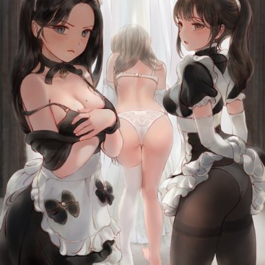 original, chowbie, 3girls, animal ears, apron, ass, back, black bra, black hair, blue eyes, bra, breasts, brown eyes, curtains, dressing