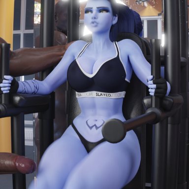 blizzard entertainment, overwatch, overwatch 2, widowmaker, slayed.coom, 1boy, 1girls, abs, balls, belly, big penis, black fingerless gloves, blue hair, blue skin, cfnm