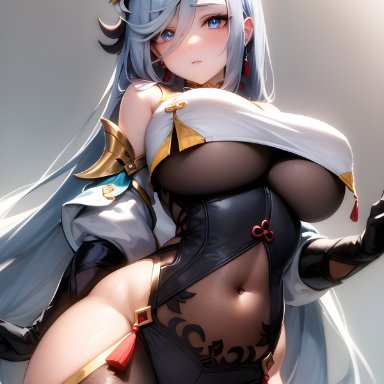 genshin impact, shenhe (genshin impact), nai diffusion, stable diffusion, 1girls, blue eyes, bodysuit, breasts, curvy, curvy figure, hip vent, large breasts, skin tight, solo, thick thighs