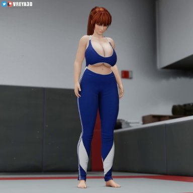 dead or alive, tecmo, kasumi (doa), arhoangel, vreya3d, alternate breast size, big breasts, breasts, cleavage, clothed, clothing, exposed midriff, female, female only, gym