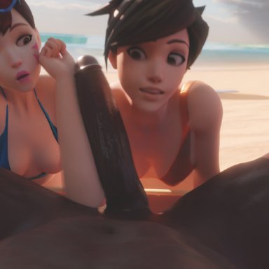 overwatch, d.va, tracer, threedust, 1boy, 2girls, asian female, beach, bikini, brown eyes, brown hair, cleavage, dark-skinned male, erection, european female