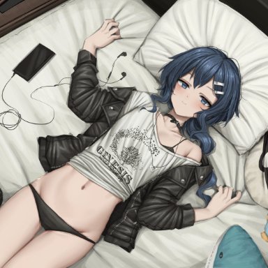 game freak, nintendo, pokemon, pokemon (game), blahaj, dawn (pokemon), piplup, lobsteranian, 1girls, bangs, black bra, black collar, black panties, blanket, blue eyes