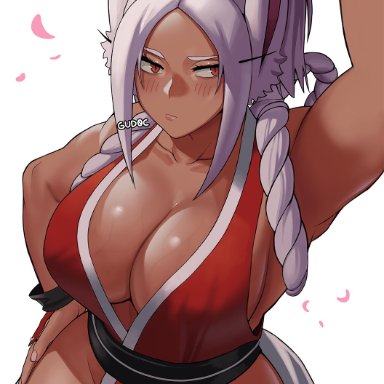 my hero academia, mai shiranui (cosplay), miruko, rumi usagiyama, gud0c, 1girls, big breasts, bunny ears, cleavage, clothed, dark-skinned female, dark skin, female only, hand on hip, nipple bulge