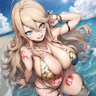 danganronpa, new danganronpa v3, iruma miu, holaraai, stable diffusion, 1girls, ai hands, beach, bikini, blonde female, blonde hair, blonde hair female, blue eyes, bracelet, gold bikini