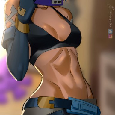 valorant, neon (valorant), belly, belly button, belt, blue hair, blurred background, blurry background, bra, breasts, breasts out, hayashidraws, hips, holding phone, no panties