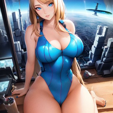 metroid, samus aran, 1girls, blonde hair, blue eyes, curvaceous, curvy, curvy body, curvy female, female, female focus, female only, latex leotard, looking at viewer, voluptuous female