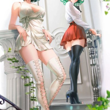 one-punch man, fubuki (one-punch man), tatsumaki, spykeee1945, 2girls, ass, beret, blush, breasts, cleavage, clothing, dress, green eyes, green hair, high heels