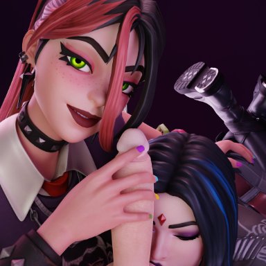 dc, epic games, fortnite, fortnite: battle royale, teen titans, helsie (fortnite), rachel roth, raven, raven (dc), vixkend, 1boy, 2girls, ball kissing, fully clothed, goth