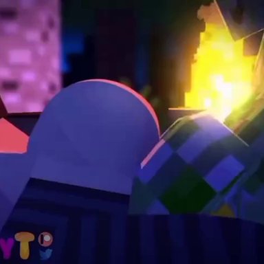 minecraft, creeper (minecraft), jenny belle, slipperyt, 1boy, 1boy1girl, 1girls, big ass, blue eyes, breasts, breathing, brown hair, campfire, collar, creampie